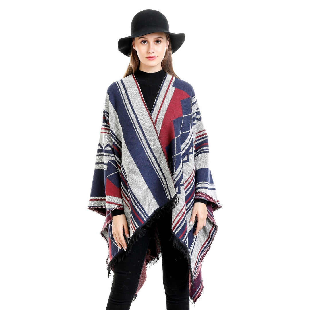 Dam Jacquard Ruana i oversized kimono med Fringes och Geometric mönster