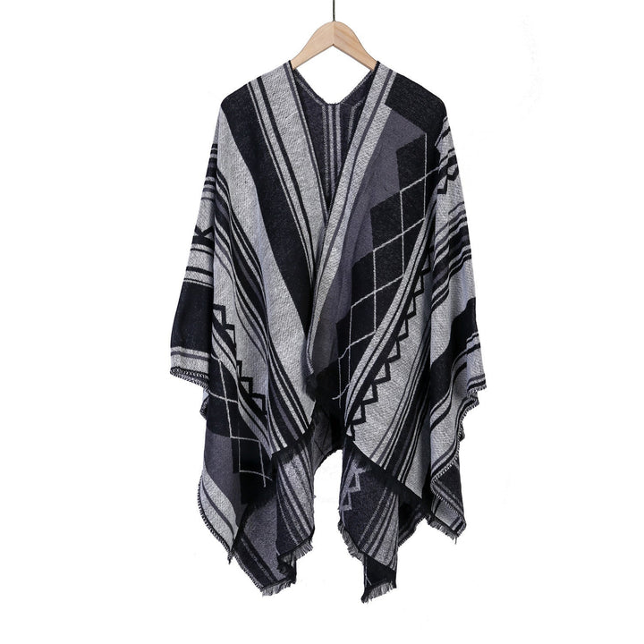 Dam Jacquard Ruana i oversized kimono med Fringes och Geometric mönster