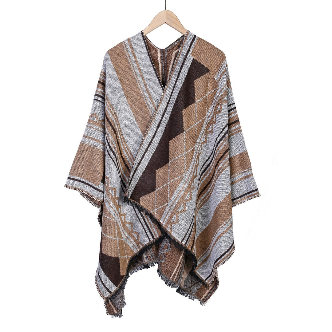 Dam Jacquard Ruana i oversized kimono med Fringes och Geometric mönster
