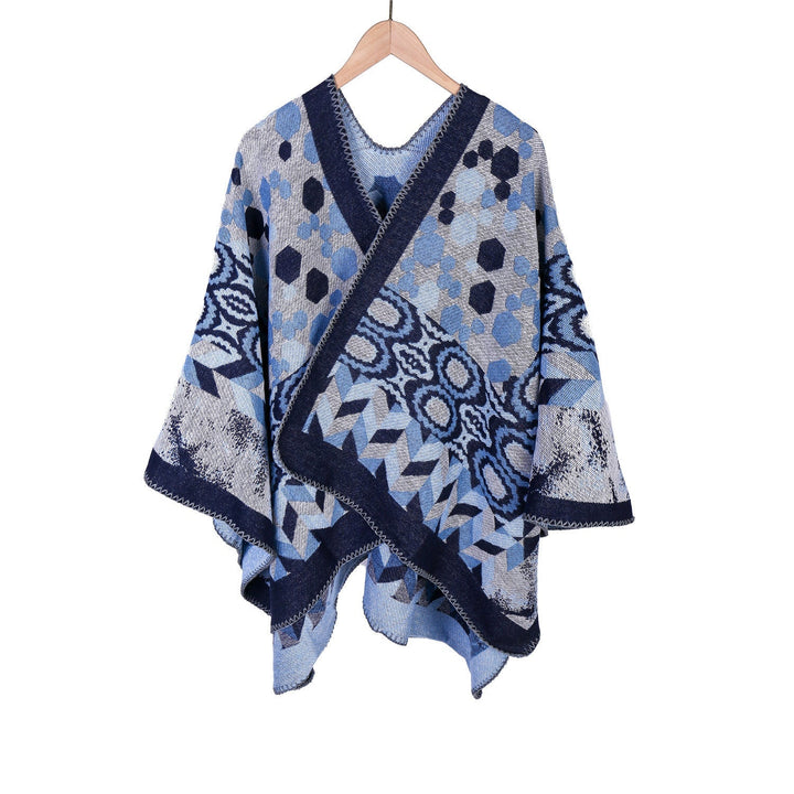 Dam Mönstrad jacquard ruana overlay med V-neck och overlock seam