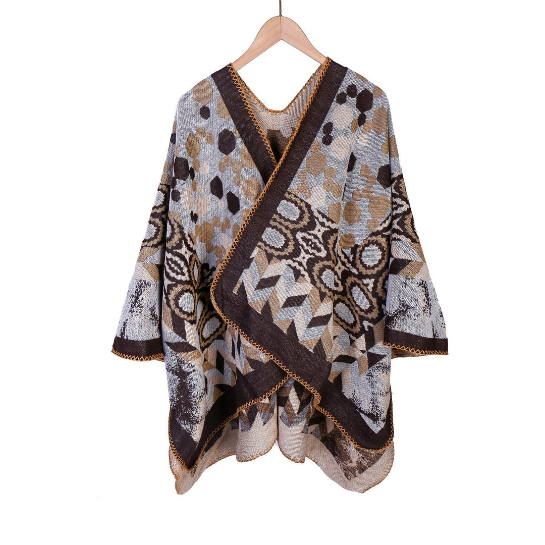 Dam Mönstrad jacquard ruana overlay med V-neck och overlock seam