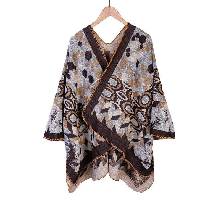 Dam Mönstrad jacquard ruana overlay med V-neck och overlock seam