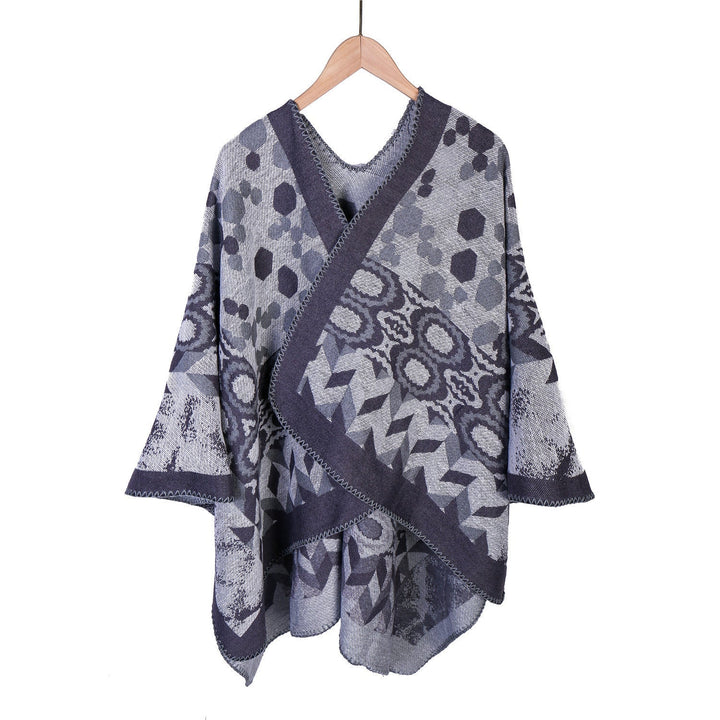 Dam Mönstrad jacquard ruana overlay med V-neck och overlock seam