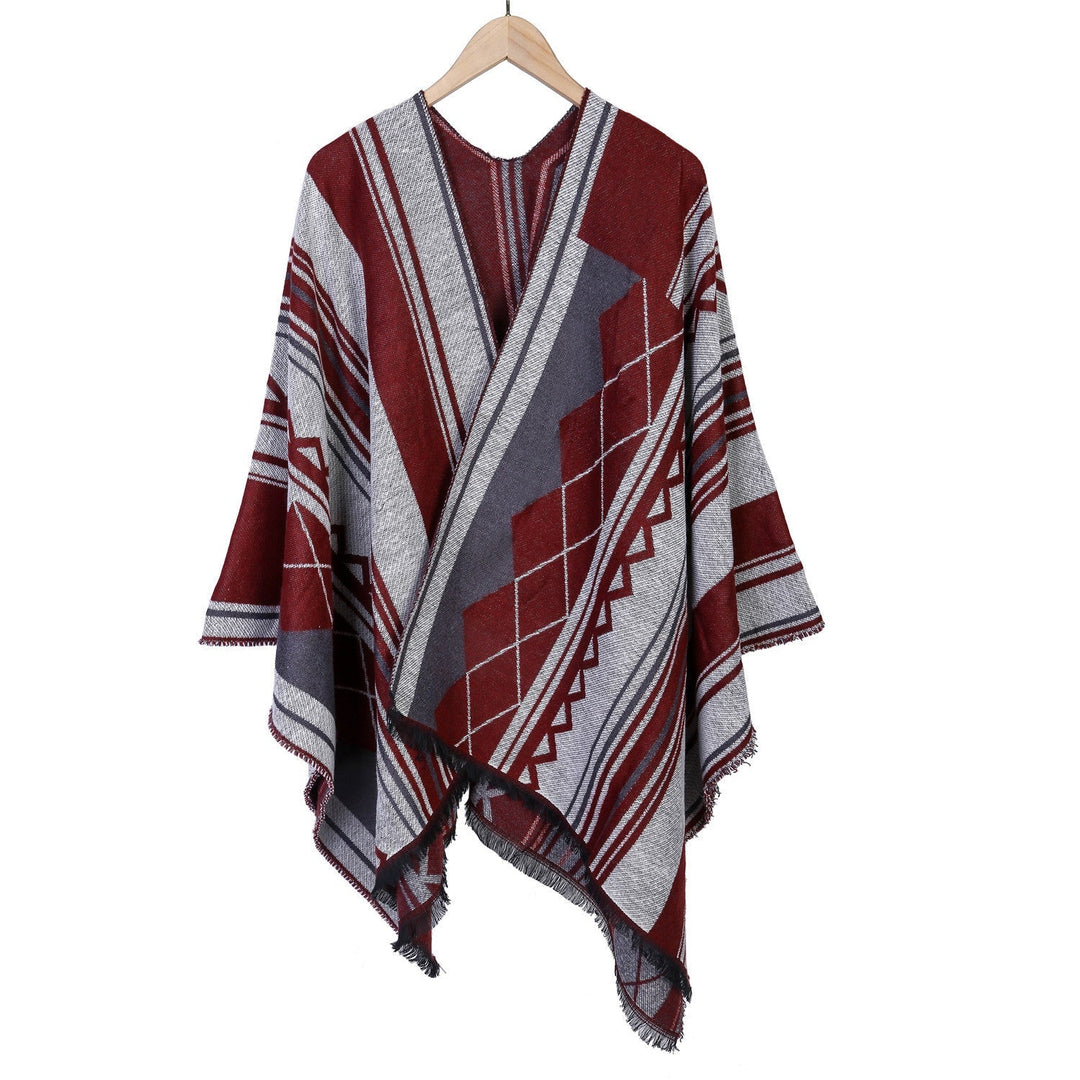 Dam Jacquard Ruana i oversized kimono med Fringes och Geometric mönster