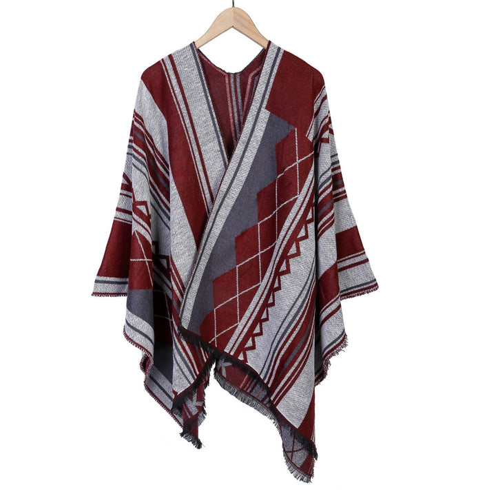 Dam Jacquard Ruana i oversized kimono med Fringes och Geometric mönster