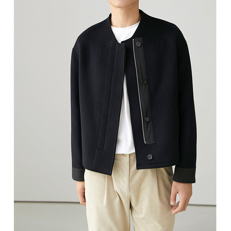 Herr Kort Jacka i Boxig Skärning Tillverkad av Ullblandning med Asymmetrical Dragkedja och Knapp Slå