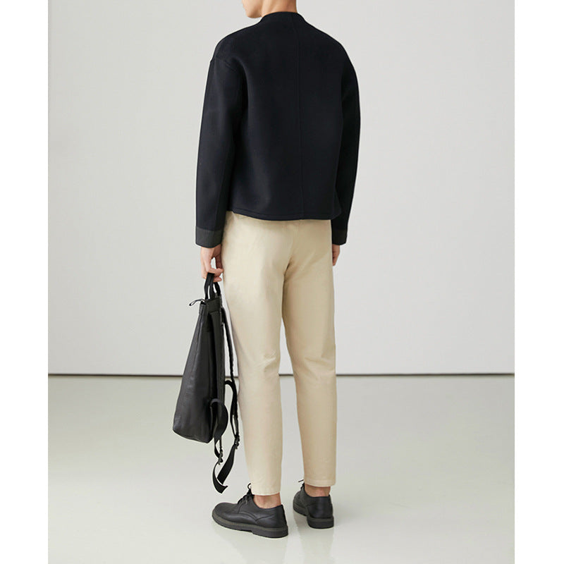 Herr Kort Jacka i Boxig Skärning Tillverkad av Ullblandning med Asymmetrical Dragkedja och Knapp Slå