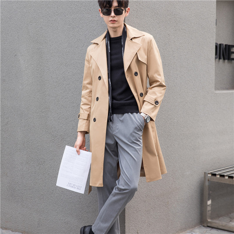Herr Elegant Figurnära Trench Kappa med Dubbel Knapp Slå och Tie Bälte