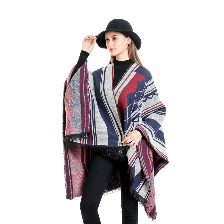 Dam Jacquard Ruana i oversized kimono med Fringes och Geometric mönster