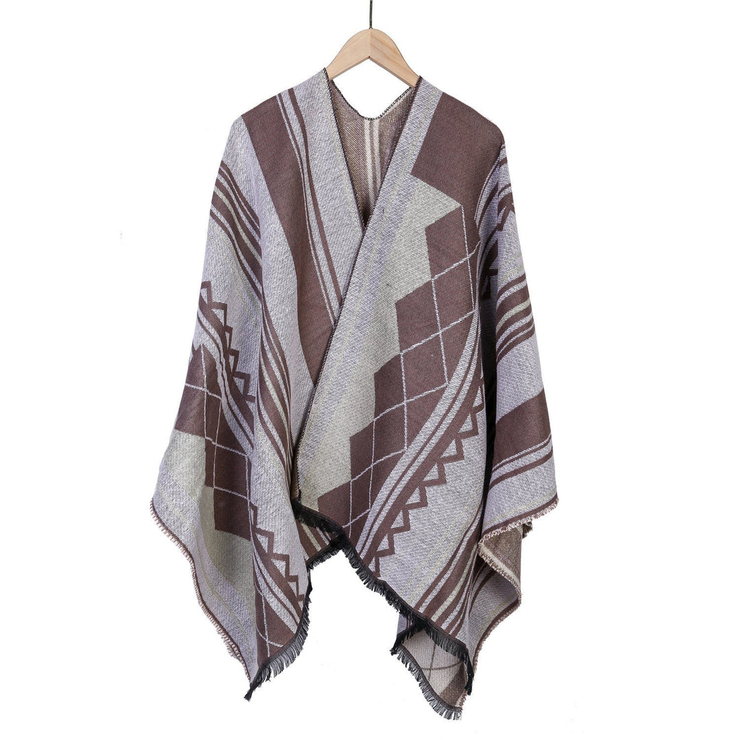 Dam Jacquard Ruana i oversized kimono med Fringes och Geometric mönster