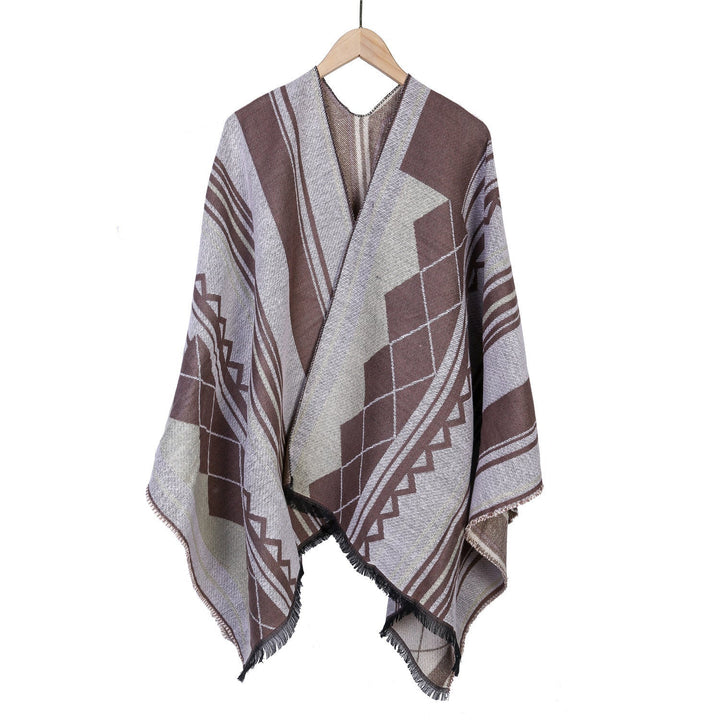 Dam Jacquard Ruana i oversized kimono med Fringes och Geometric mönster