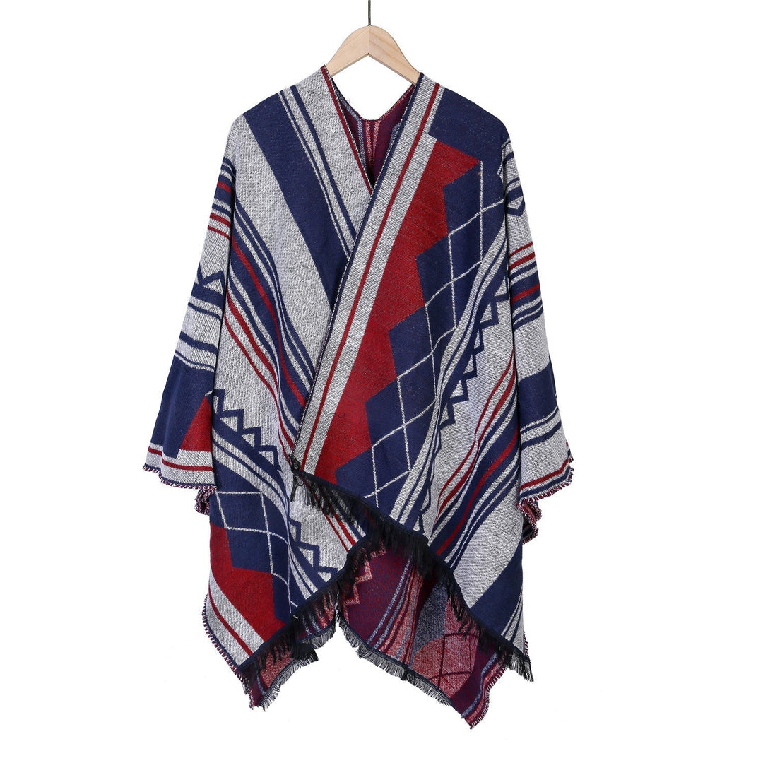 Dam Jacquard Ruana i oversized kimono med Fringes och Geometric mönster
