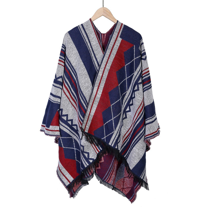 Dam Jacquard Ruana i oversized kimono med Fringes och Geometric mönster