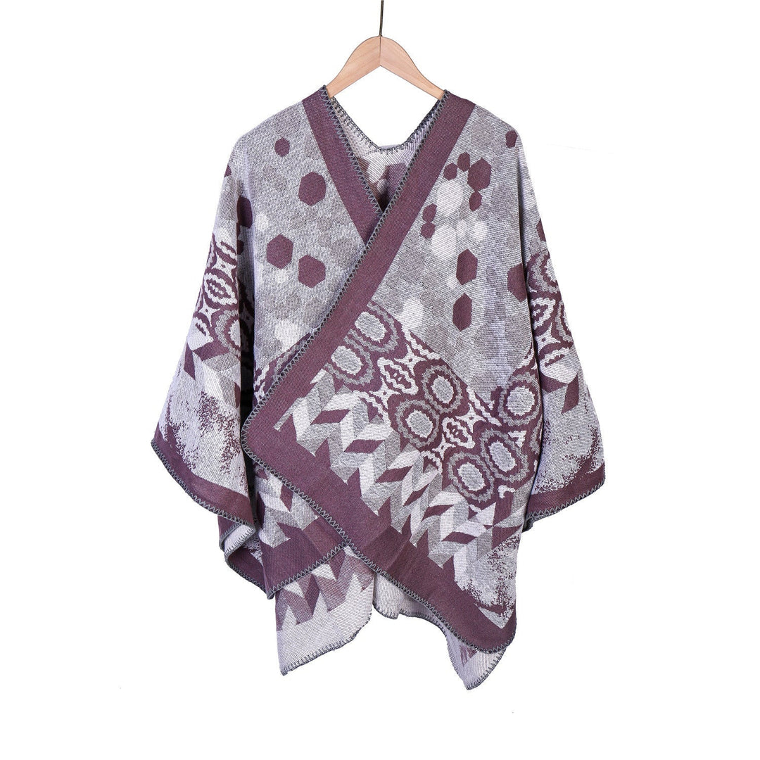 Dam Mönstrad jacquard ruana overlay med V-neck och overlock seam