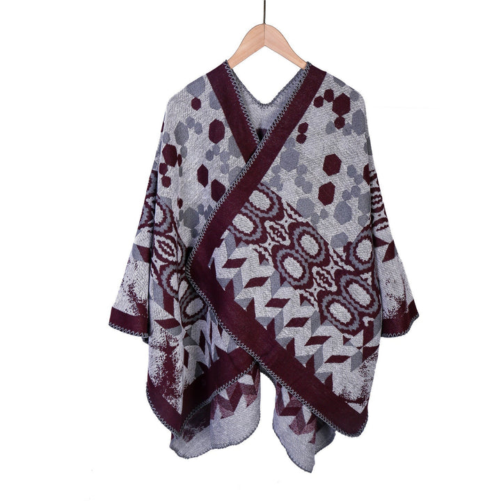 Dam Mönstrad jacquard ruana overlay med V-neck och overlock seam