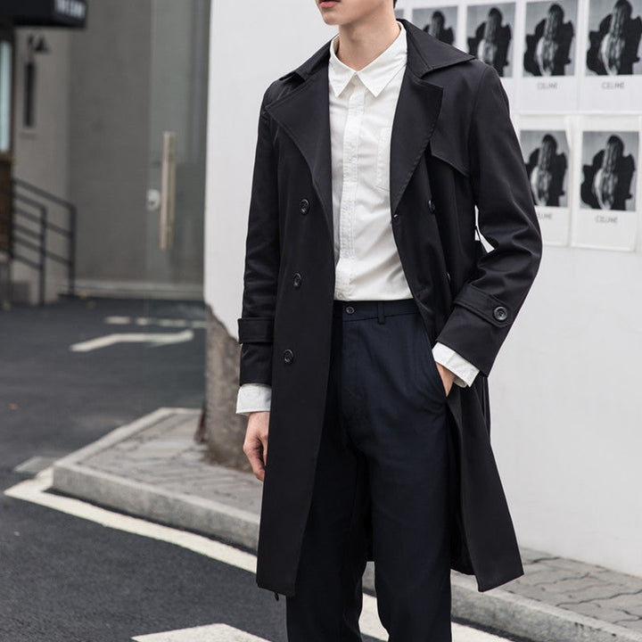 Herr Elegant Figurnära Trench Kappa med Dubbel Knapp Slå och Tie Bälte
