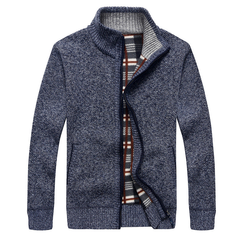 Herr Quiltad Knit Zip Jacka med Stående Krage och Checkered Fleece Inre Sida