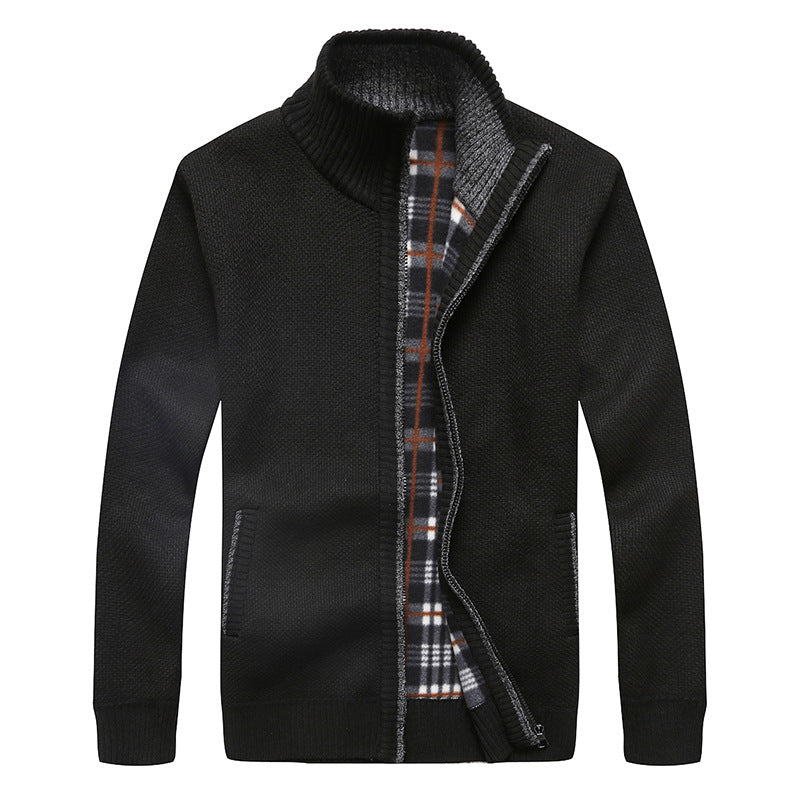 Herr Quiltad Knit Zip Jacka med Stående Krage och Checkered Fleece Inre Sida