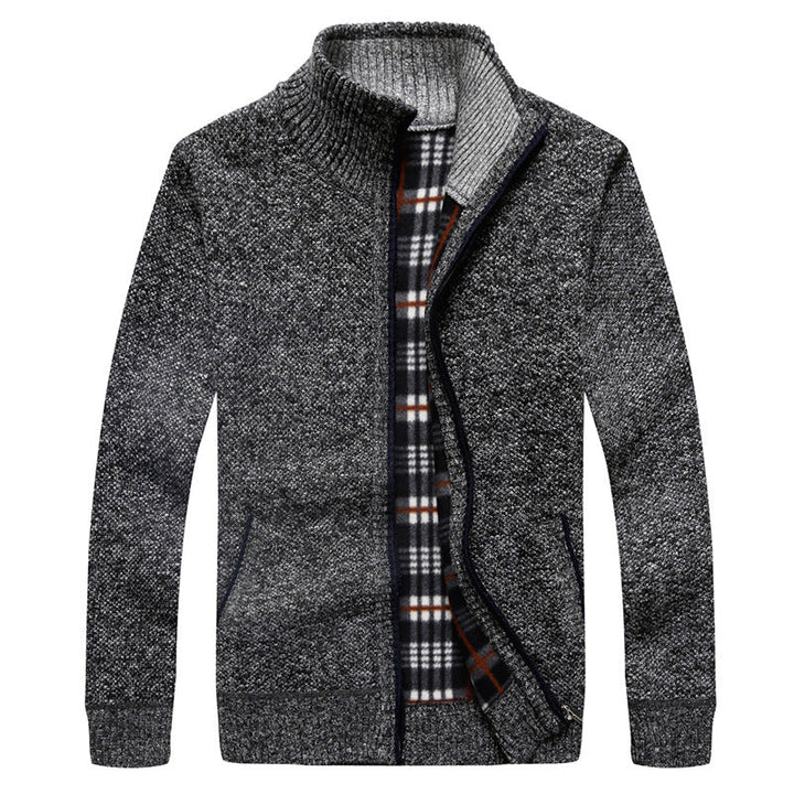 Herr Quiltad Knit Zip Jacka med Stående Krage och Checkered Fleece Inre Sida