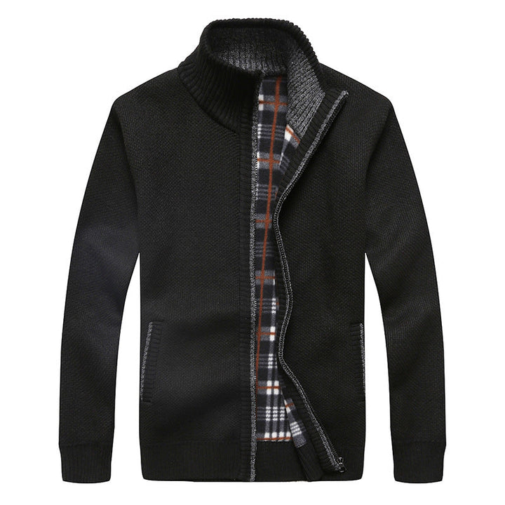 Herr Quiltad Knit Zip Jacka med Stående Krage och Checkered Fleece Inre Sida
