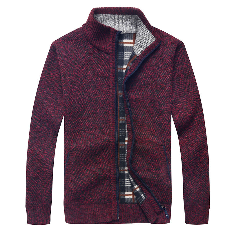Herr Quiltad Knit Zip Jacka med Stående Krage och Checkered Fleece Inre Sida