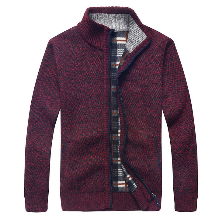 Herr Quiltad Knit Zip Jacka med Stående Krage och Checkered Fleece Inre Sida