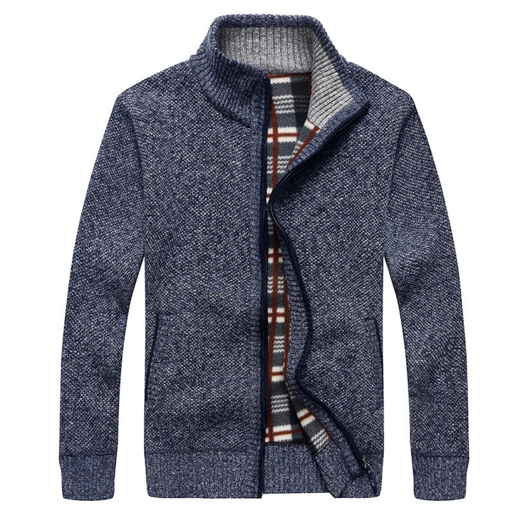 Herr Quiltad Knit Zip Jacka med Stående Krage och Checkered Fleece Inre Sida