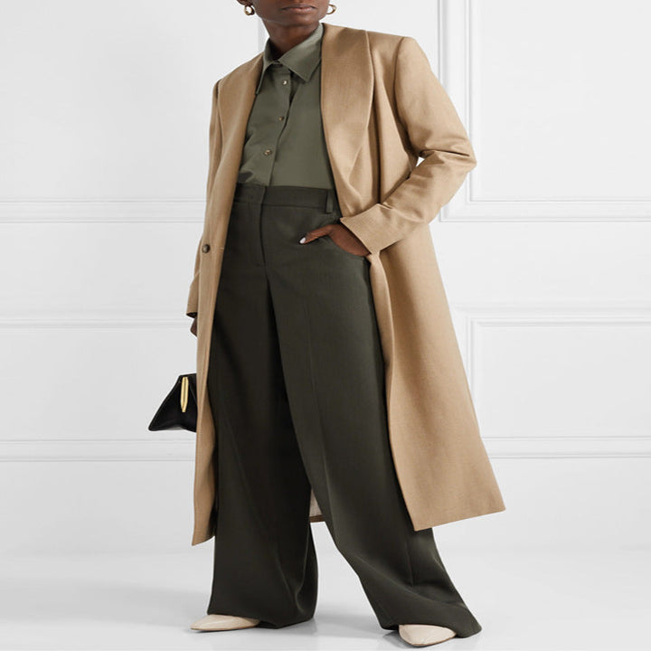 Dam Maxi-length minimalistisk Single-breasted ullblandning lång kappa med Open Shawl krage