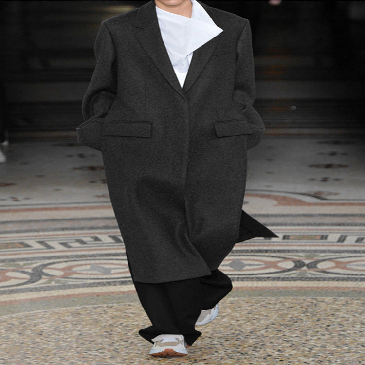 Dam oversize Single-Breasted Maxi-Length ullblandning lång kappa med Relaxed Shoulders och Flap fickor