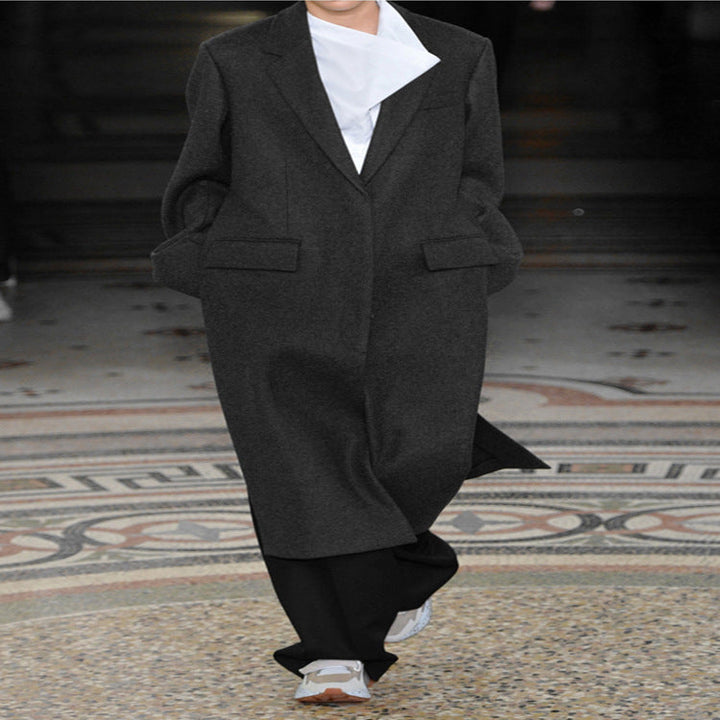 Dam oversize Single-Breasted Maxi-Length ullblandning lång kappa med Relaxed Shoulders och Flap fickor