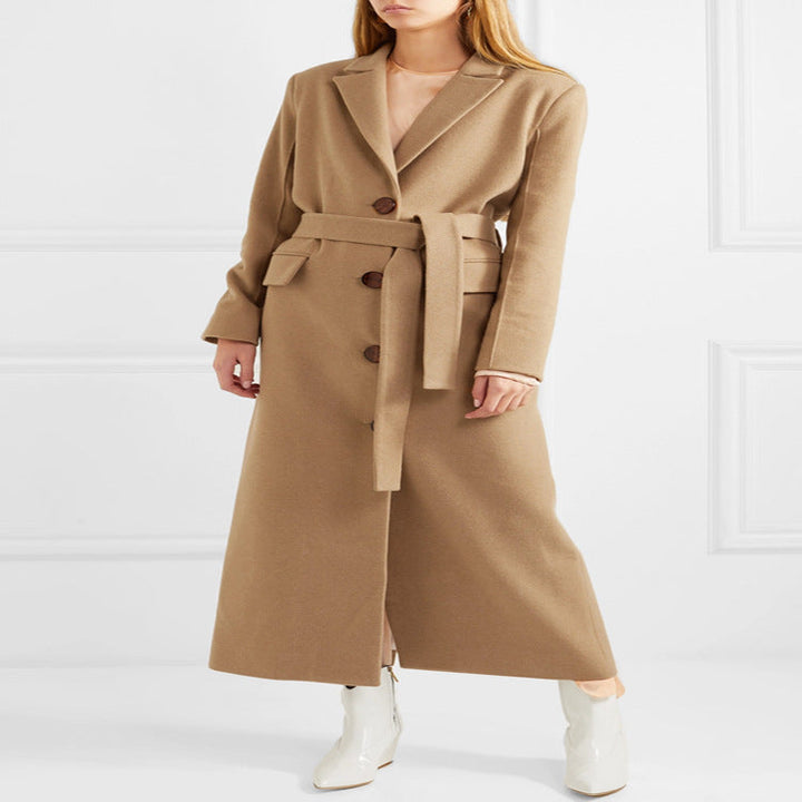Dam Floor-Length Single-Breasted ullblandning kappa med sido Slit och minimalistisk Tailoring look