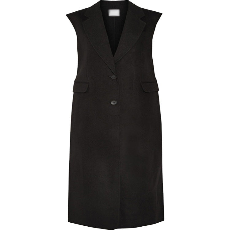 Dam Maxi-Length ärmlös Tailoring väst in ullblandning med Flap fickor