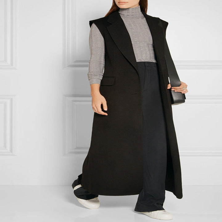 Dam Maxi-Length ärmlös Tailoring väst in ullblandning med Flap fickor
