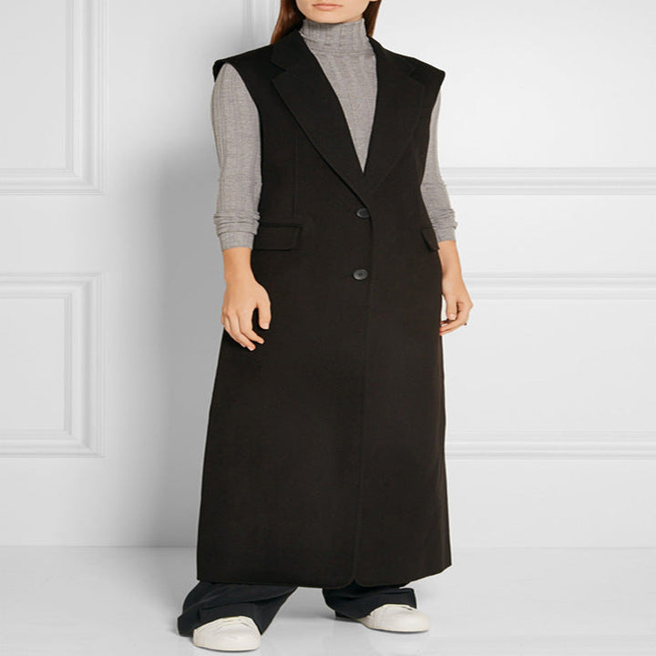 Dam Maxi-Length ärmlös Tailoring väst in ullblandning med Flap fickor