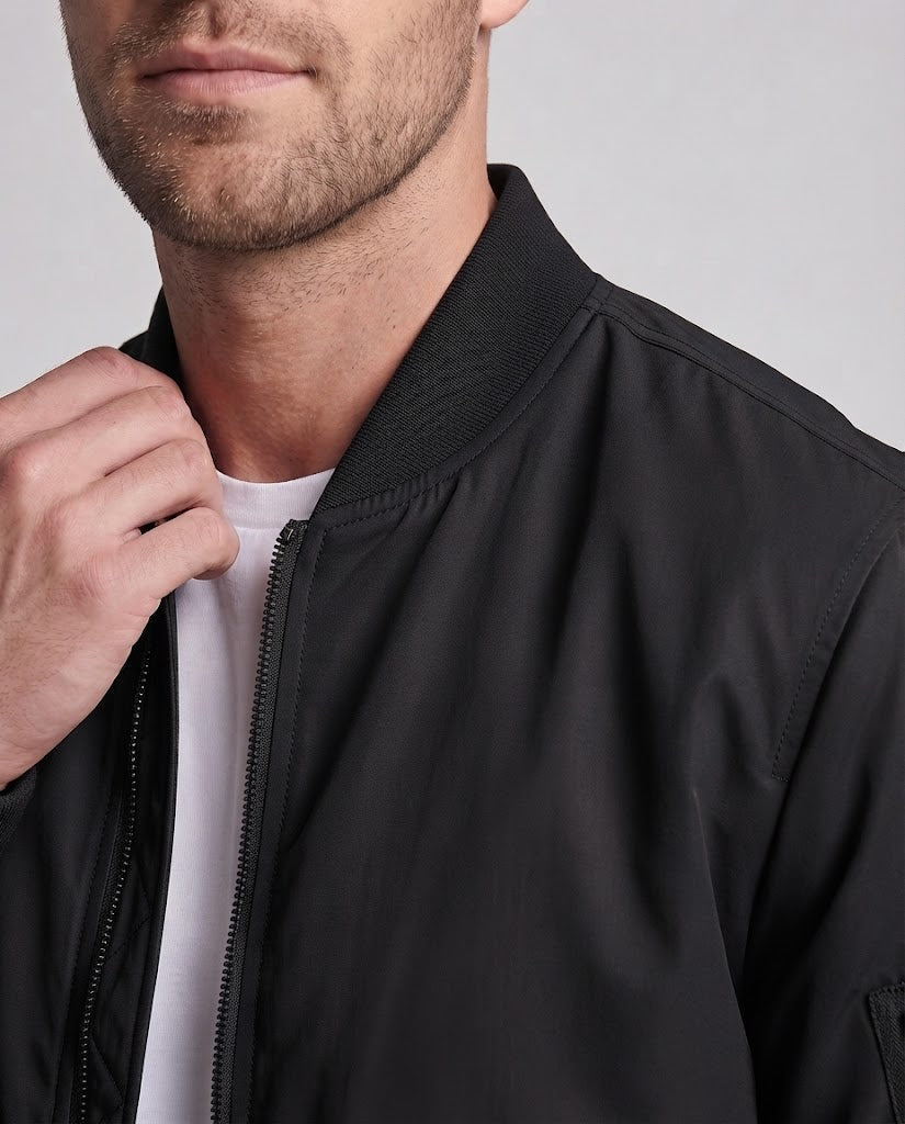 Herr lätt nylon flight bomber med ärm ficka, double dragkedja, och ribbade muddar