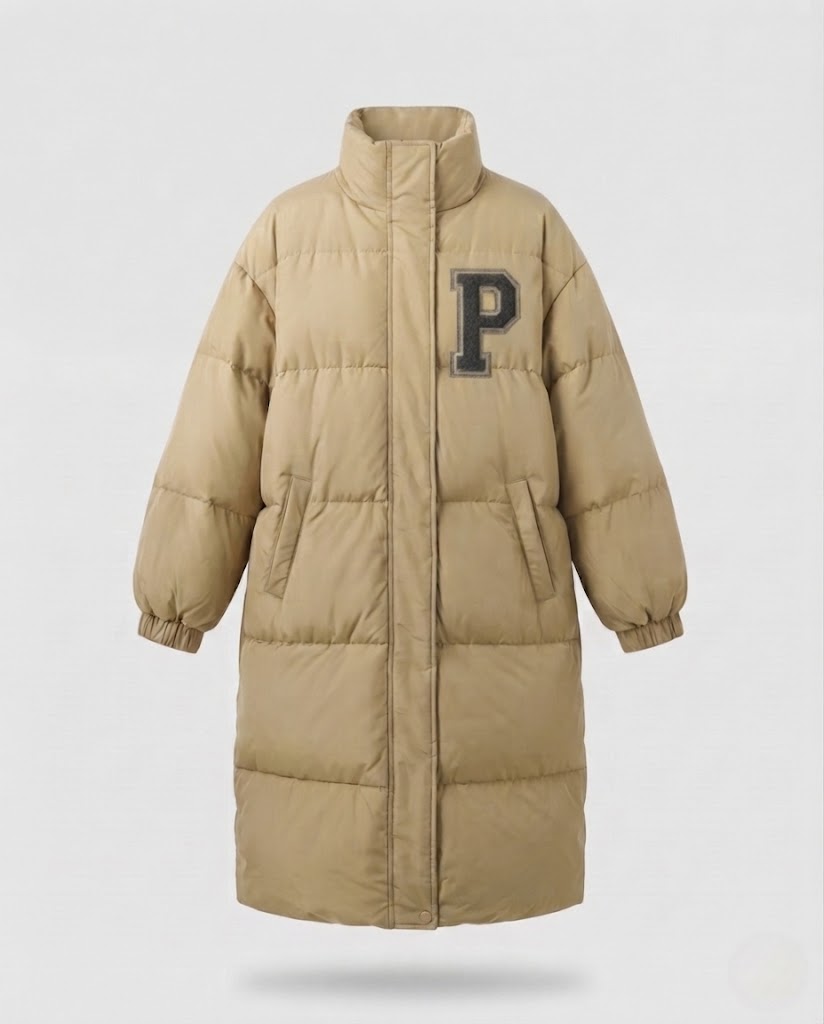 Dam Longer Boxig Thermo Puffer med Hög Stå Krage, College Patch, och Noise-Reducing Outer Shell