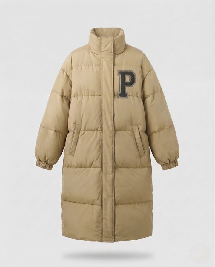 Dam Longer Boxig Thermo Puffer med Hög Stå Krage, College Patch, och Noise-Reducing Outer Shell