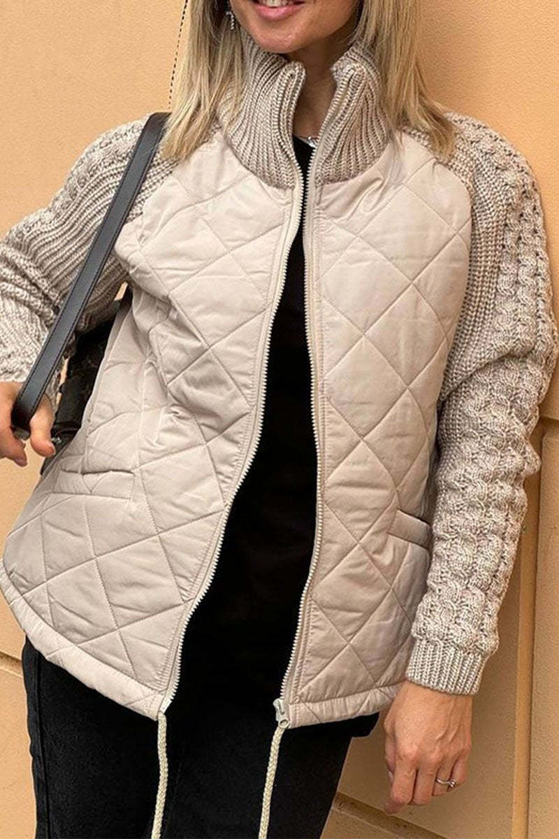 | casual Enfärgad stickad Patcharbete-Lined Jacka