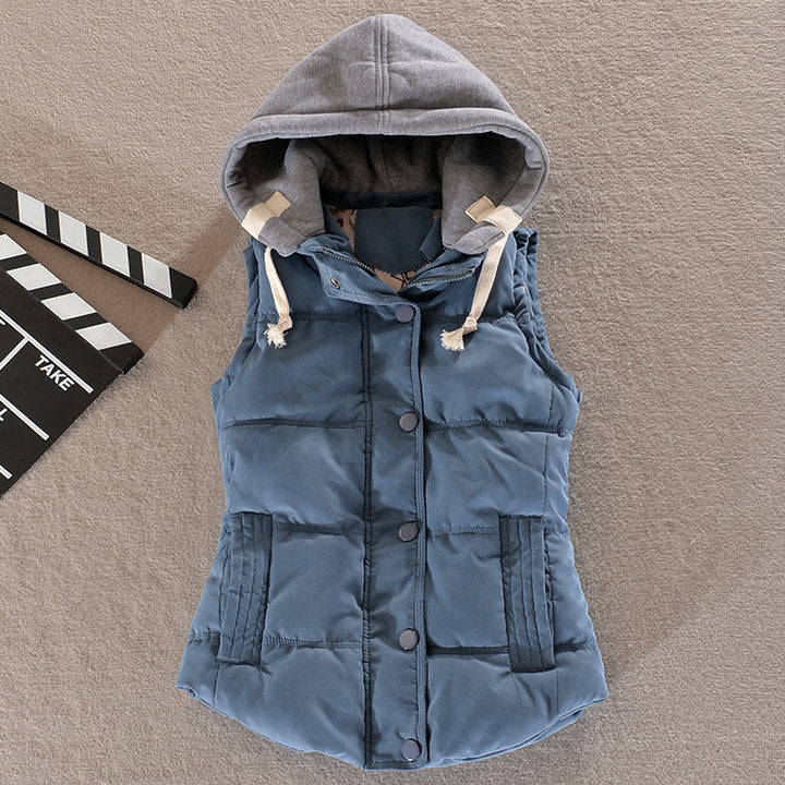Dam Figurnära Quiltad Sleeveless Termisk Väst med Contrasting Huva