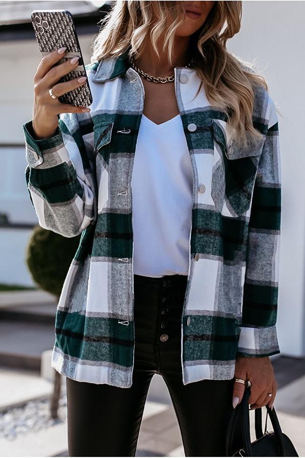 | Feeling Plaid med Fickor Avslappnad Jacka