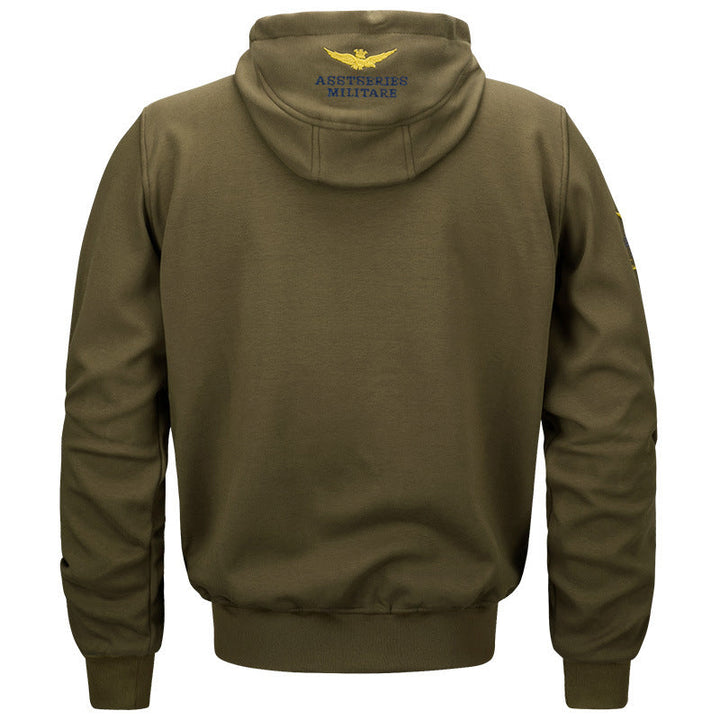 Herr Militär Inspired Bomull-Blend med Huva College-Tröja med Ribbstickade Muddar och Embroidered Insignia