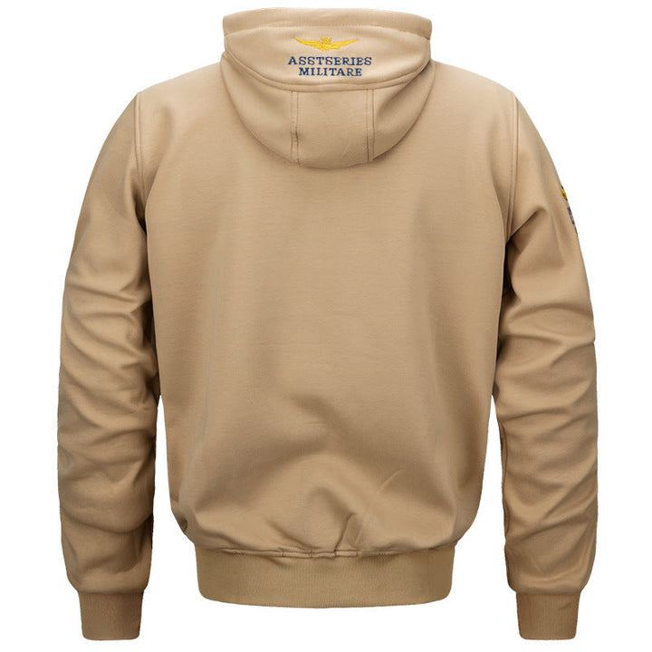 Herr Militär Inspired Bomull-Blend med Huva College-Tröja med Ribbstickade Muddar och Embroidered Insignia