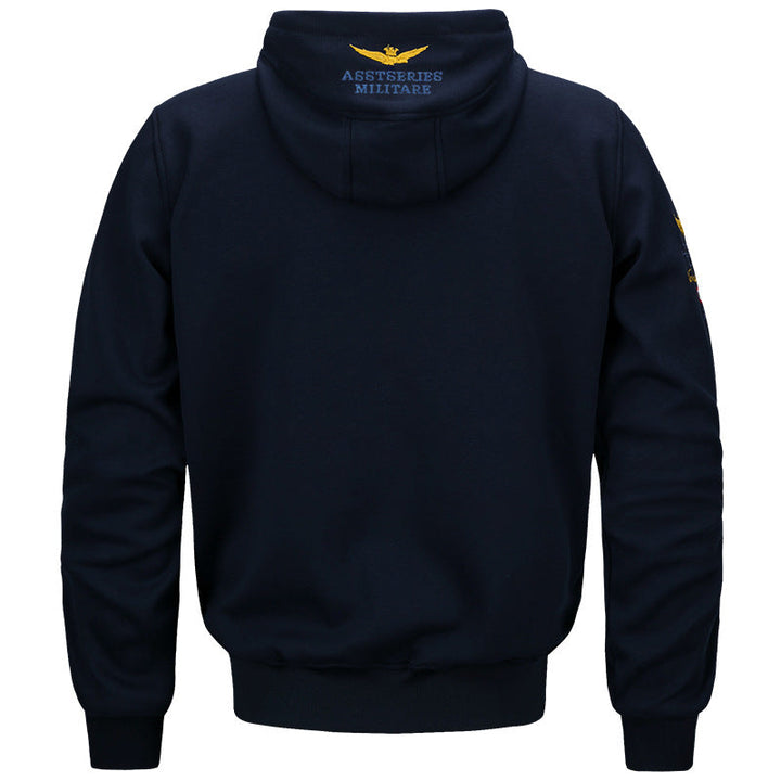 Herr Militär Inspired Bomull-Blend med Huva College-Tröja med Ribbstickade Muddar och Embroidered Insignia