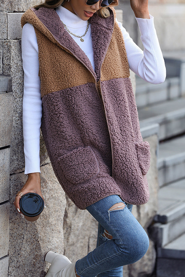 | Sleeveless Colorblock Fickaless Mid-Length Cardigan Puff Velour Jacka