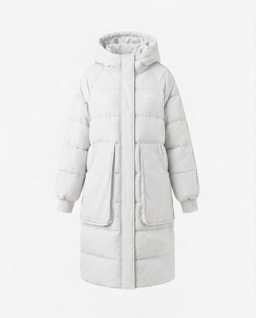 Dam Longer Vadderad med Huva Kappa med Oversize Patch Fickor, Elastic Muddar, och Dold Two-Way Dragkedja