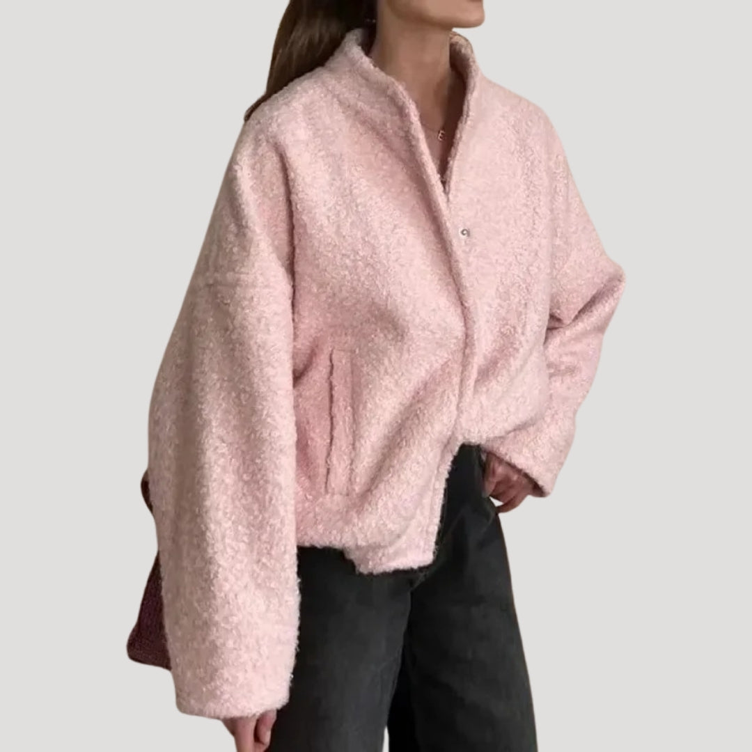 | Dam Boucle Teddy bomberjacka rosa med dragkedja