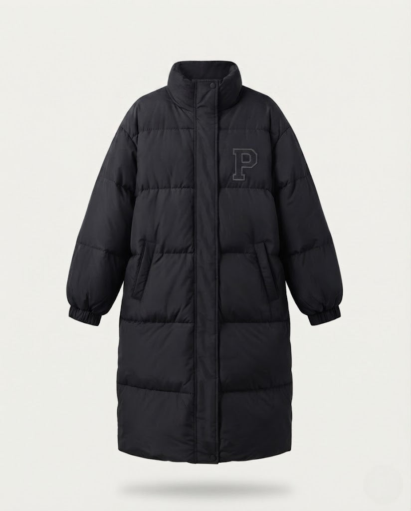 Dam Longer Boxig Thermo Puffer med Hög Stå Krage, College Patch, och Noise-Reducing Outer Shell