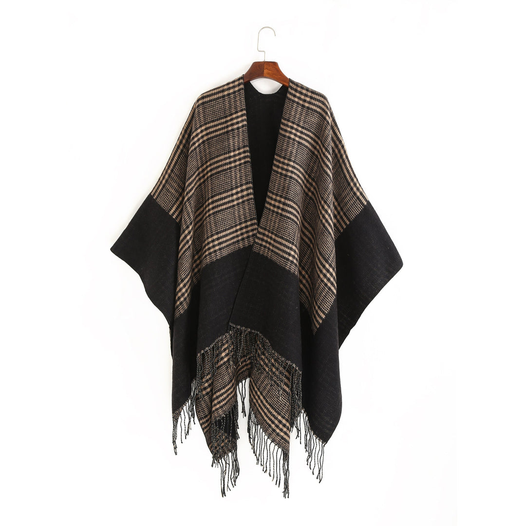 Dam Oversize Ruana med Glencheck Jacquard och Fringed fåll