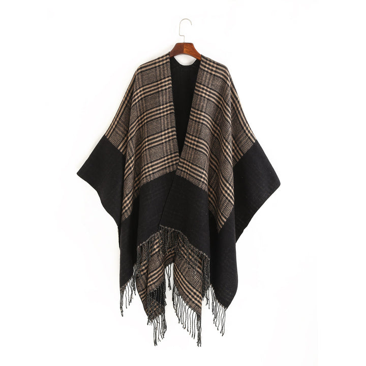Dam Oversize Ruana med Glencheck Jacquard och Fringed fåll