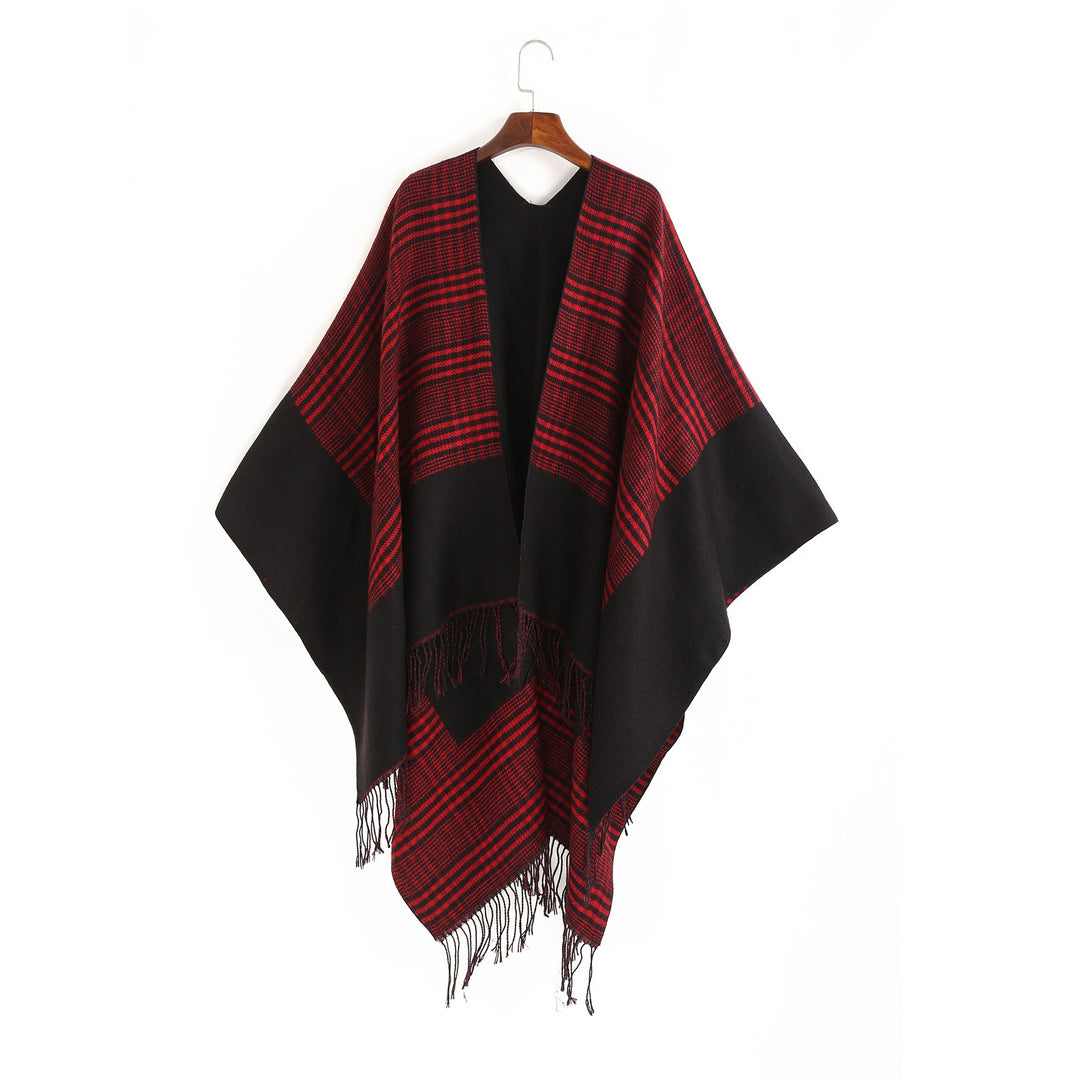 Dam Oversize Ruana med Glencheck Jacquard och Fringed fåll